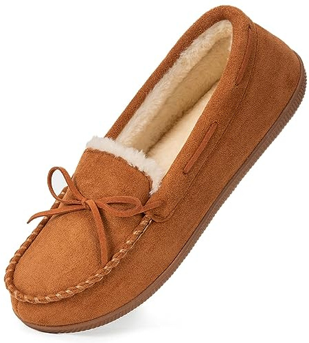 HomeTop Women's Moccasins House Slippers Memory Foam Soft Faux Fur Indoor Outdoor Shoes for Ladies Chestnut,8 US