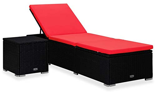 Homgoday Sonnenliege mit Auflage und Teetisch Gartenliege Relaxliege Rattanliege Strandliege Liegestuhl Freizeitliege Liege Witterungsbeständig Poly Rattan Rot