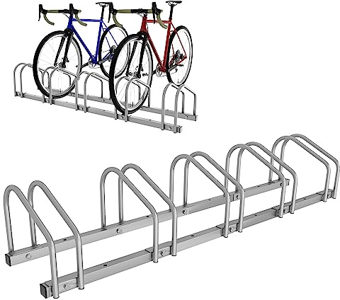 Ansobea Fahrradständer für 5 Fahrräder 35-55 mm Reifenbreite,Fahrradständer Boden,Fahrrad Ständer Einfache Montage Fahrradständer Stahl Verzinkt,Radständer 130x32x26cm Silber