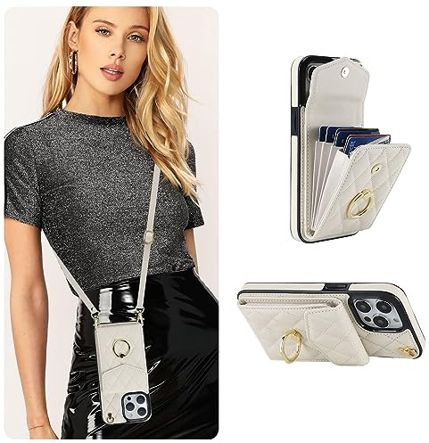 QLTYPRI Crossbody Wallet Case for iPhone 14 Pro Max, PU Leather Phone Case with RFID Blocking Card Slots Holder Ring Kickstand Wrist Strap Lanyard Handbag Purse Cover for iPhone 14 Pro Max – White