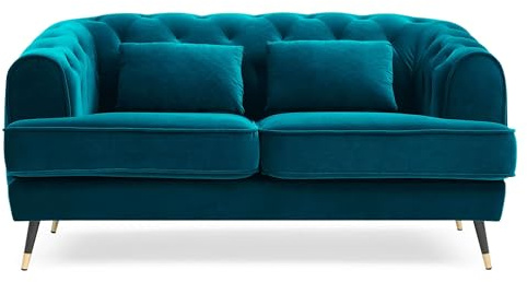 Menzzo Canapé 2 Places Glams – Style Boudoir capitonné – Velours Bleu Canard – L140 x P75 x H85 cm – Design élégant Salon ou Chambre
