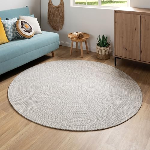 Steffensmeier Handweb Teppich Bali | 100% Baumwolle, Grau Creme, handgefertigt, Größe: Ø 200 cm | Flur, Eingangsbereich, Wohnzimmer