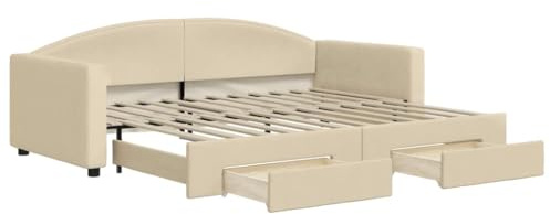 Willood Tagesbett Bettsofa Sofa Bett Sofabett Schlafsofa Bettgestell Ausziehbar mit Schubladen Creme 90x200 cm Stoff