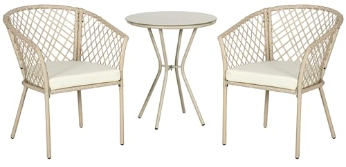 Outsunny Bistro Garden Lounge, Utemöbler Bistroset 3 delar, 2 fåtöljer med kuddar, runda sidobord, härdat glas, flätat rep i harts rottingeffekt, beige