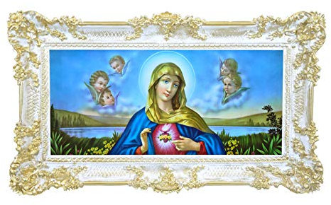 LIGUORO SHOP Quadro del Sacro Cuore della Vergine Maria Riproduzione Stampata su Banner Telato con Cornice Barocca cm 96X56 (Bianco/oro)