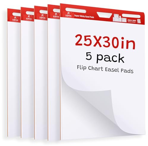 5 Pads-Large Sticky Easel Pad, 25x30 Inches White Self Stick Flip Chart Paper for Office Team Work School Classroom Supplies and Teaching at Home, 635mm x 762 mm,30 Sheets/Pad