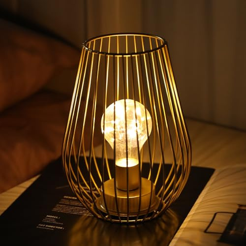 TRIROCKS Batteriebetriebene Lampe aus Metall 21 cm Hoch Käfigform Kabellose Tischlampe mit Warmer Lichterkette für Terrasse Garten Drinnen und Draußen Golden