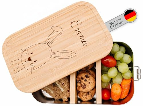 wunderwunsch® - Personalisierte Brotdose für Kinder - Robuste und Individuelle Edelstahl Brotdose mit Namen - Personalisierte Geschenke für Kinder (klein Edelstahl,Hase)