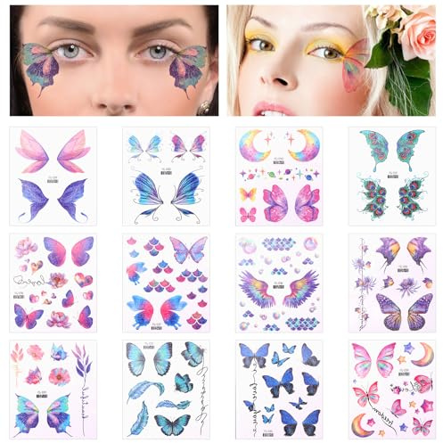 Glitzer Schmetterling Tattoo 12 Blatt Gesichtstattoo Schmetterling Temporäre Tattoos Wasserdichte Schmetterling Aufkleber Tattoos für Frauen Mädchen Geburtstagsfeier Karneval Party Gesichts Make-up