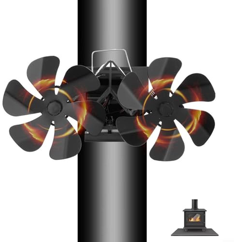 ReachMall Kaminventilator, Doppelkopf-Ofenventilator mit 12 Flügeln Ofenventilator Wandmontage für Holz/Kamin/Rohr Holzofen Holzofen Holzofen Ventilator Kamin