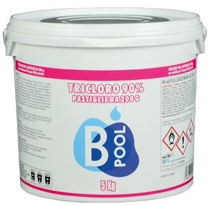 B POOL Tricloro 90/200 Blisterate in Pastiglie. Cloro per Piscina in Pastiglie Stabilizzato a lenta dissoluzione per la sanitizzazione dell'acqua della tua piscina. Formato da 5 Kg