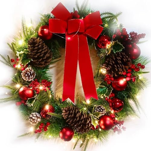 Couronne de Noël de 50,8 cm avec 30 lumières LED, couronne de Noël lumineuse extérieure pour porte d'entrée, couronne de Noël pour les vacances, décorations de fête de Noël (lot de 3)
