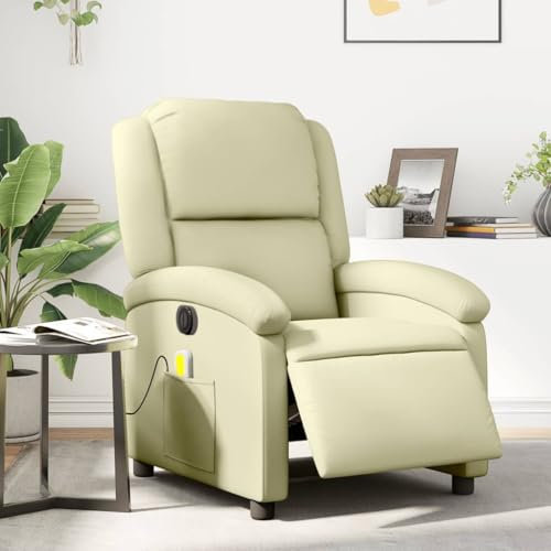 Homgoday Massagesessel Elektrisch Fernsehsessel Relaxsessel mit Liegefunktion Ruhesessel Polstersessel TV Sessel, Verstellbare Rückenlehne, für Wohnzimmer Creme Echtleder