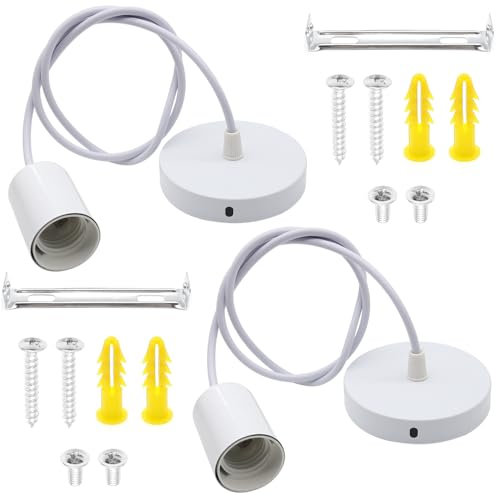 GOIYZTTR 2 Piezas Soporte de Lámpara de Techo E27 Portalámpara de Metal con 100 cm Cable Adjustable y Anillo de Tornillo Adecuado para Instalar Luces de Techo(Blanco)