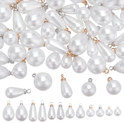 PH PandaHall 60pcs Pearl Pendant Charms 8 Sizes White Pearl Charms 2 Colors Teardrop Pearls Beads Charms with Loop Pearls Pendant Connectors for Jewellery Making Wedding Earrings Bracelet Craft