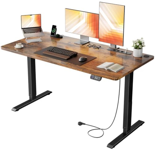 HLONONE Höhenverstellbarer Schreibtisch mit USB-Ladeanschluss und Steckdose, 120 × 60 cm Elektrischer Schreibtisch, Verstellbarer Computertisch mit 2-Funktions-Memory, Braun