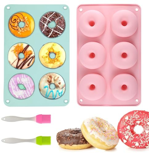 Lot de 2 moules à beignets en silicone, moules à beignets antiadhésifs, moules en silicone pour gâteaux, biscuits avec 2 pinceaux en silicone