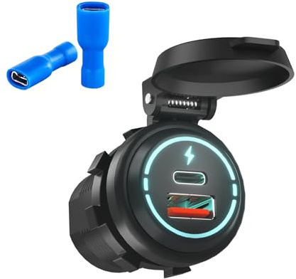 ALLWSLucky Toma USB 12V Cargador de Coche, Super Rápido Doble PD3.0 & QC3.0 Toma de USB Cargador Coche, 12V USBToma de Corriente para Motos, Barco, RV, Camión Marino