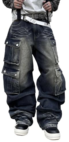 DFGIGT Mens Goth Baggy Cargo Jeans with Pockets Steampunk Patchwork Embroidery Wide Leg Denim Pants Jinco Punk Casual Fashion Cargo Pants Y2k Gothic Relaxed Loose Oversized,F10 Blue,Large