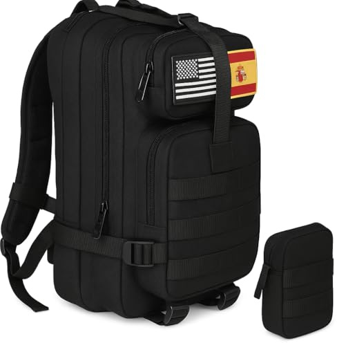 Mochila Táctica Militar 26l + Riñonera , Negro, Set de 2 Piezas.Mochila de Senderismo,Mochila de viaje.Mochila de Supervivencia,Viajes oTrabajo.Sistema Molle.Mochila Crossfit.