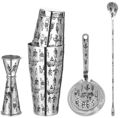 QuxetlRyz Jigger Juego de cóctel de 5 Piezas de Acero Inoxidable de 2 Piezas con coctelera, medidor, Cuchara y colador Grabados.(Color 6)