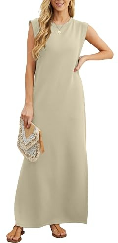GRECERELLE Dam sommar maxiklänning casual skjorta klänningar eleganta stilar enkla ärmlös maxiklänningar för kvinnor UK med split och fickor, Khaki, XL