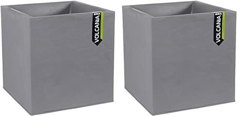 EDA - Pot Carré 40 cm Volcania 31 L - Décor Imitation Pierre - Double Paroi - Zone de Rétention d'eau - 39,5 x 39,5 x 43,5 cm - Gris Galet (Lot de 2)
