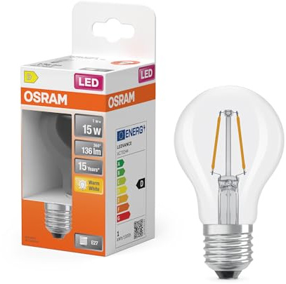 Osram LED-Lampe Star Kolbenform A15 Filament, 2700 K warmweiß, 1 W, E27, klar, 136 lm, 15.000h, für kleine Leuchten, Allgemeinbeleuchtung