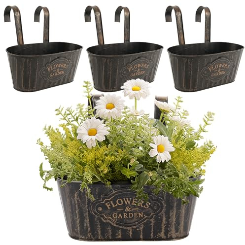 NIHUIFDPY 4pcs Hanging Flower Pots, Metal Iron Wall Planter Indoor/Outdoor with Detachable Hook, Fence Flower Pots Garden Hanging Planter Bucket Flowers Holder for Railing Fence Balcony