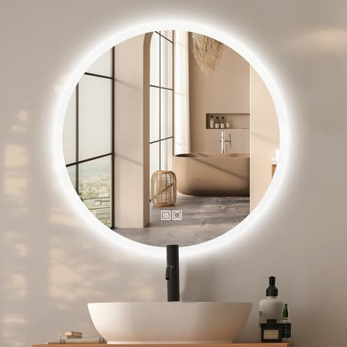 moderntop rund spegel med belysning, spegel rund 50 cm med LED, badrumsspegel väggspegel med belysning rund, dimbar, 3 ljusfärger, med ljus anti-dimma