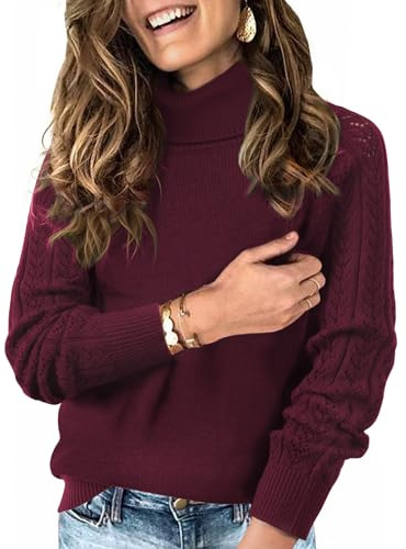 Tanmolo Jersey de Punto Cuello Alto Mujer Manga Larga con Bordado Calado en Las Mangas Tejido Suave Talla Regular para Otoño Invierno Bourgogne, S