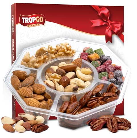 Tropgo 5 Sections Mixed Nuts Gift Set - Delicious Almonds, Walnuts, Cashews, Sweet Mango Cubes & Pecans Mixed Nuts Snacks - Festive Food Gifts, Snacks Box for Party Food