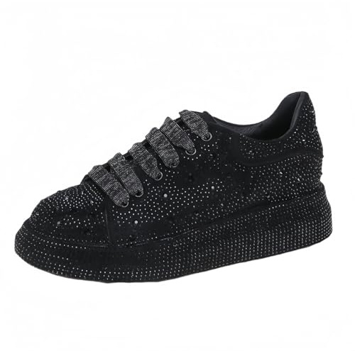 FQLGJMY Plattform Glitter sneakers för kvinnor med snörning design glittrande lätta tennisskor strass mode tjocka bling skor för bröllop brud glänsande paljett fest promenadsneakers, Stil 6 Svart