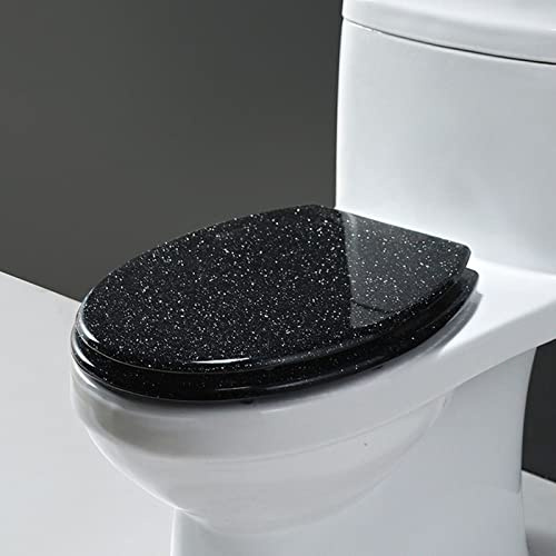 Sparkly D Shape Toilet Seat - Thickened Glitter, Slow-Close, Easy-Clean, 42x36cm, Silver & Black, Stylish Bathroom Accessory for Modern Decor