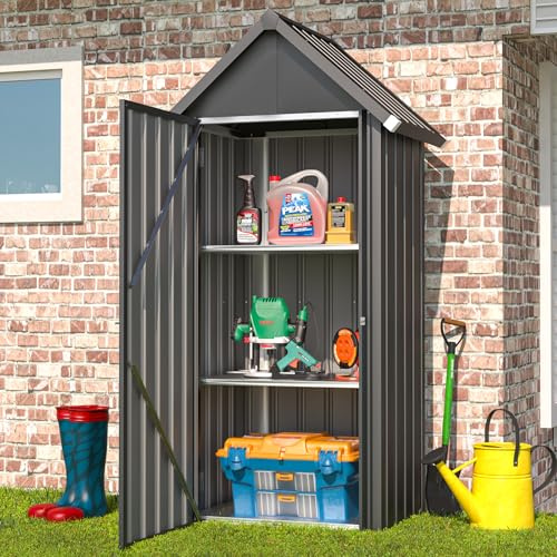 YODOLLA Gartenschrank Gartenhaus Geräteschuppen, Gartenhäuschen mit Sockel und abschließbarem Schloss, Verzinkter Stahl, 86x55x178cm, Dunkelgrau