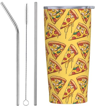 Vaso con estampado de pizza de dibujos animados con tapa y popote, vasos aislados de acero inoxidable de 20 onzas, vaso de café personalizado para viaje, botella de agua