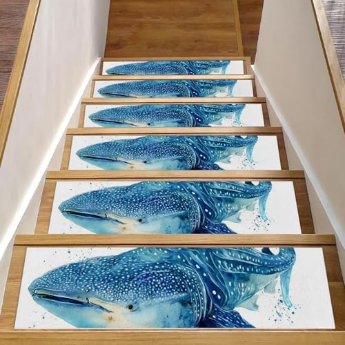 Lot de 15 tapis d'escalier lavables à décoller et coller à l'encre pour marches d'escalier en bois, motif animaux marins, requins, 76,2 x 20,3 cm