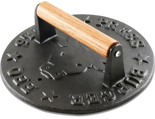 KOGIGA Cast Iron Smash Burger Press - 4.1 lb Heavy Duty Bacon Press & Grill Weight for Smashburgers, Flat Iron Steak & Cooking on Skillet, Burger Smasher Tool, 8.7 Inch Round with Beechwood Handle