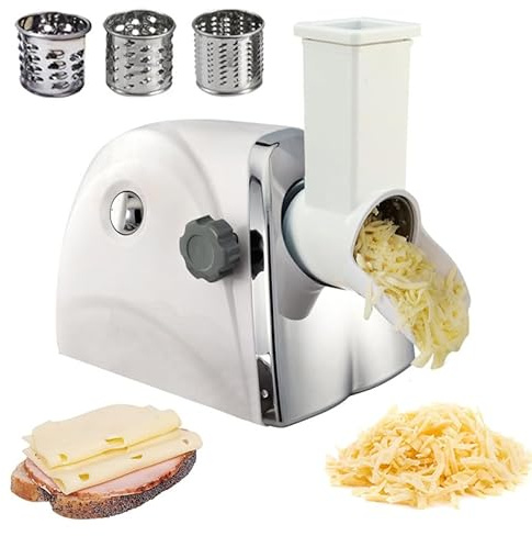 Rallador eléctrico de queso, triturador de 300 W, 3 cuchillas de acero inoxidable, 60 kg/h, fácil de limpiar, cortador de verduras multifuncional y molinillo de queso