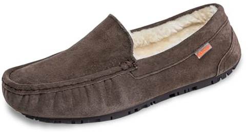 Hustofflor för män mockasiner inomhus utomhus luddiga lurviga loafers mocka läder varma bekväma skor, Brun, 39.5 EU