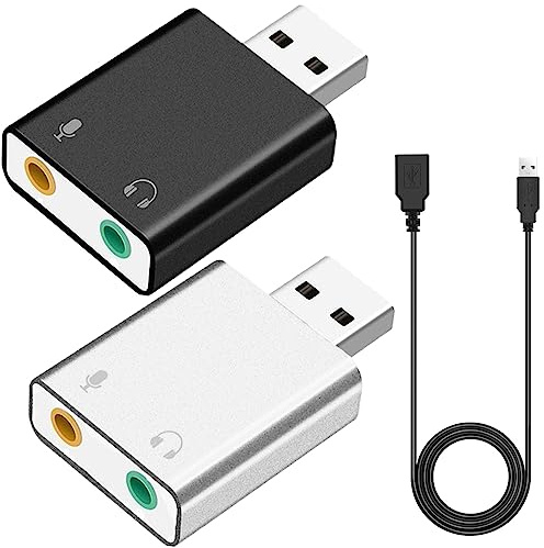 HAAMNING7 Adattatore audio stereo esterno USB con jack per cuffie e microfono da 3,5 mm, scheda audio stereo esterna per qualsiasi PC, con cavo di prolunga USB da femmina a maschio (2 pezzi)