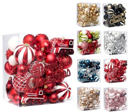 MonoSora Juego de 65 adornos de Navidad pintados para árbol de Navidad, dorado, azul, rojo, verde, blanco, plata, rosa, negro