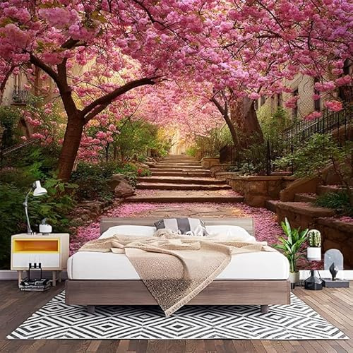 Carta da Parati 200x140 cm Tema Dei Fiori di Ciliegio Primaverili Fotomurali Panoramica in TNT Mural Paesaggio Mondialele Decorazioni da Parete per Arredamento di Bagno, Soggiorno, Cucina