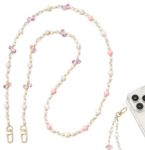 Simsky Handykette Perlen Bunt Lang – Universal Handyband zum Umhängen, Abnehmbares Schlüsselband für alle Smartphones, Glitzer Perlen Kette, Crossbody Handyband für Damen