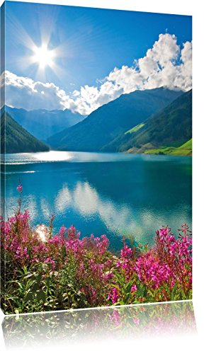 Pixxprint Blumenwiese am Bergsee, Größe: 60x40cm, Leinwandbild, fertig gespannt, Wandbild, Dekoration, Kunstdruck, kein Poster
