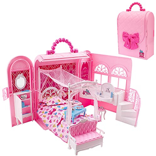 deAO Borsa a Mano con Casa Delle Bambole Incorporata Set, 2 in 1 Design Prtatile Stanza della Principessa, Include Mobili e Accessori su Misure (Bambola non Inclusa)