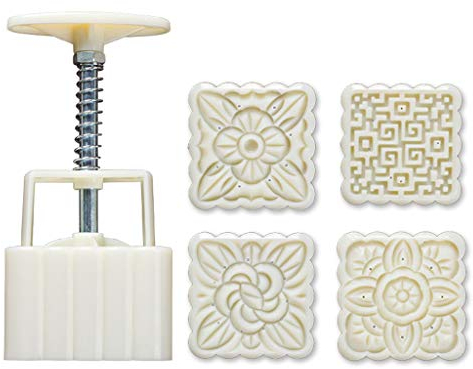 Chiic Moule à Lune Gâteau Moon Cake,5 Pcs Moule Patisserie Orientale,Fleur Carrée Motif Hand-Pressure Lune Moule à Gâteau 100g,Tampon Biscuit Personnalisable Décoration De Gâteau Cuisson - Blanc