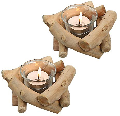 Sziqiqi 2 Piezas Rústico Portavelas de Madera Candelabros con Vidrio, Candelabros Decorativos Centros de Mesa para Bodas Salón Mesa de Centro Decoración del Hogar