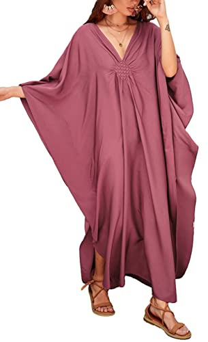 Bsubseach Mujeres Casual Kaftan Vestido Batwing Manga Tallas grandes Traje de baño Cubrir Maxi Caftan Vestidos Rosa Rojo