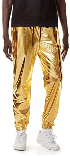 LucMatton Herren Jogginghose Metallic Glänzend Disco Party Elastische Hose, gold, XL